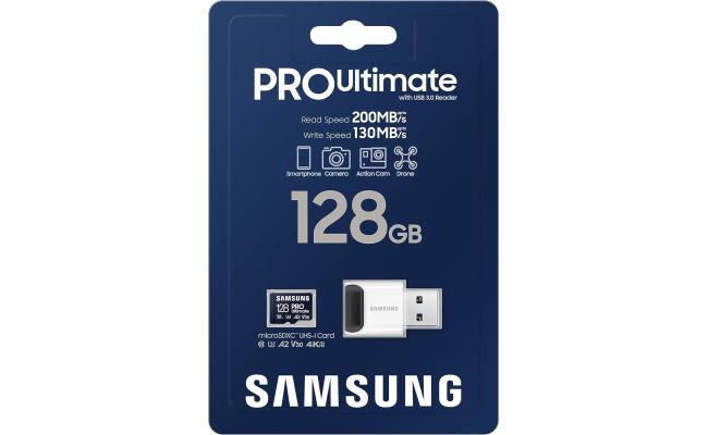Samsung PRO Ultimate microSD Memory Card+Reader, 128GB microSDXC, Up to 200 MB/s, 4K UHD, UHS-I, Class 10, U3,V30, A2 for GoPRO Action Cam, DJI Drone, Gaming, Phones, Tablets